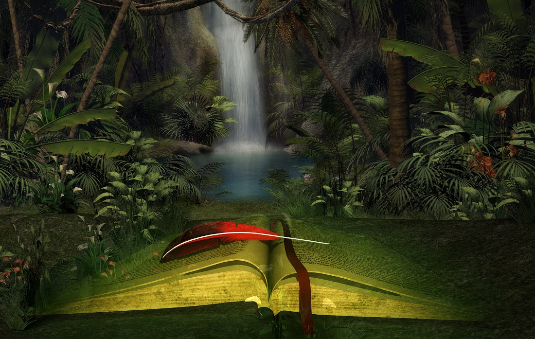 Illustration of an open book in a mystical forest with a waterfall