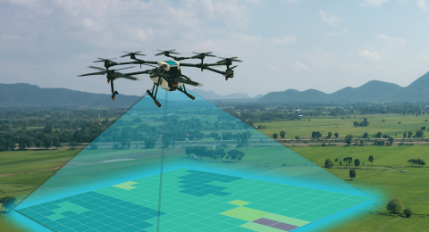Digital illustration of a drone projecting a grid on land
