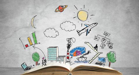 open book with cartoon pictures above