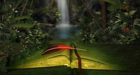 illustration of open book in front of a waterfall
