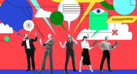 5 professionals in front of speech bubble graphics