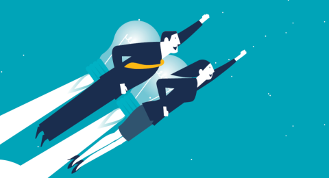 illustration business couple with rocket packs