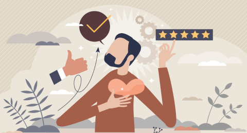 cartoon image man holding heart looking at clock and thumbs up