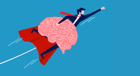 Businessman hero holds brain and flies in sky