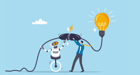 businessman plug in lightbulb with robot to work together