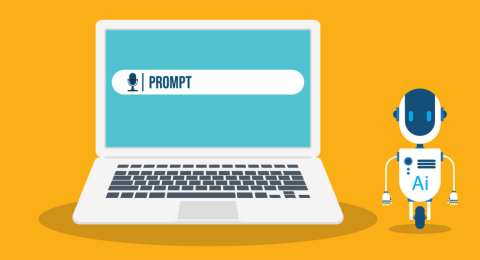AI generator prompt with robot icon and laptop. Interface for creating content using AI generator technology illustration