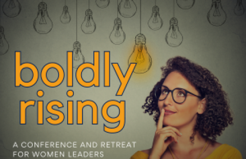 Woman thinking with lightbulbs drawn around her and the words "boldly rising" 