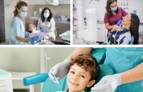 Collage of dental assistants with happy patients