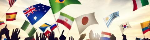 Digital illustration of parade with flags from may countries