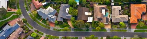 Overhead view of house roofs