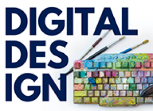 Digital design and colorful keyboard with paint brushes
