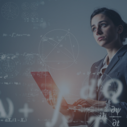 Woman working on laptop with formulas floating around her