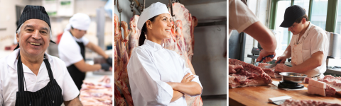 three images of butchers working